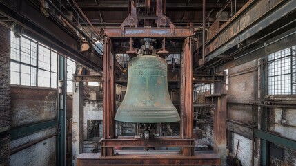 Obraz premium Large Bell Suspended in Rusted Industrial Setting