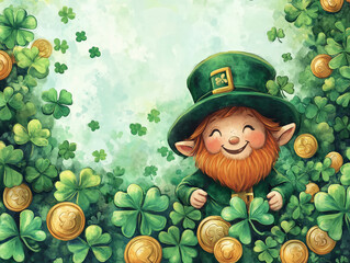 Cheerful leprechaun character illustration with shamrocks and coins for st patrick's day background wallpaper