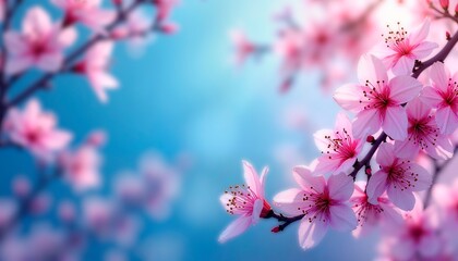 Obraz premium Cherry Blossom Branch Against Blue Sky in Spring