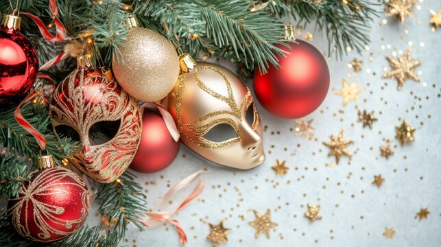 Christmas masquerade ball in a Venetian palace tree with golden and red decorations