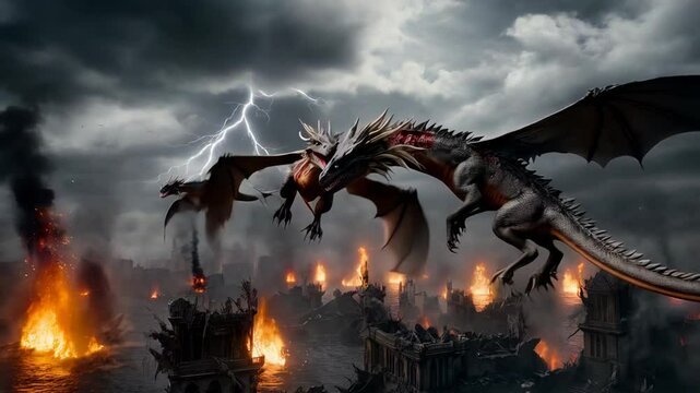 mighty dragons battle fiercely above a burning city, creating a sense of danger and fear in this apocalyptic scene