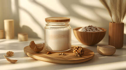 Obraz premium Glass jar with white liquid on a wooden tray, accompanied by a bowl of oats and decorative elements, bathed in soft, natural light, creating a serene and minimalist scene.