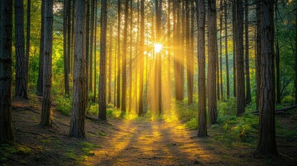 Fototapeta premium Sunlight shines through the trees in a forest surrounded by natural scenery.