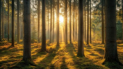 Fototapeta premium Sunlight shines through the trees in a forest surrounded by natural scenery.