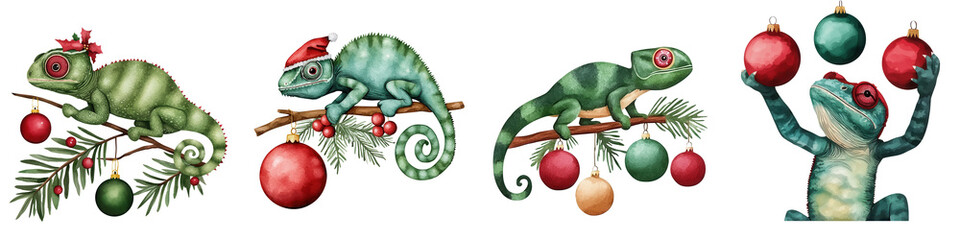 Fototapeta premium Four whimsical chameleons decorate a branch with ornaments, evoking a playful holiday spirit.
