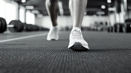 Close-up of a person running in a gym, showcasing athletic shoes on a textured floor, promoting fitness and exercise.