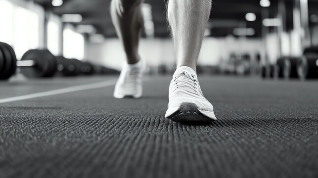 Close-up of a person running in a gym, showcasing athletic shoes on a textured floor, promoting fitness and exercise.