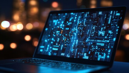 Laptop with glowing digital circuit board on screen in a blurred city background