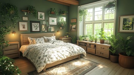 Cozy bedroom filled with plants and natural light.