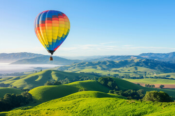 Fototapeta premium A colorful hot air ballon floating above the green hills at sunrise, symbolising freedom and adventure in travel and vacation planning.