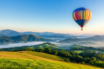 Obraz premium A colorful hot air ballon floating above the green hills at sunrise, symbolising freedom and adventure in travel and vacation planning.