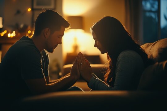 A young couple holds hands while praying together on a cozy couch in an intimate, softly lit living room at dusk