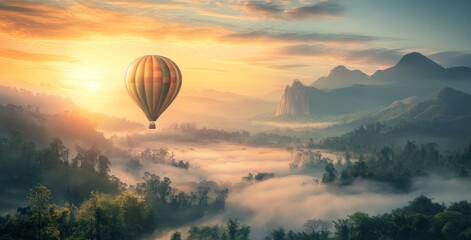 Obraz premium Hot Air Balloon Soaring Above Misty Mountains