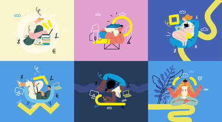 Creative workspace, modern flat vector concept illustration of a person working with a computer Remote work, flexibility, independence, efficiency, mobility, synergy, freedom