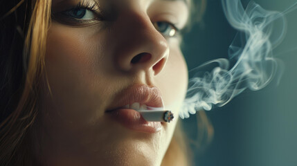 Obraz premium A closeup shot of a young woman taking a drag from her cigarette, exhaling a plume of smoke, revealing nicotines grip.