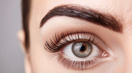 Obraz premium Stunning closeup of a female eye showcasing long, elegant eyelashes that add depth to the gaze against a soft white backdrop.