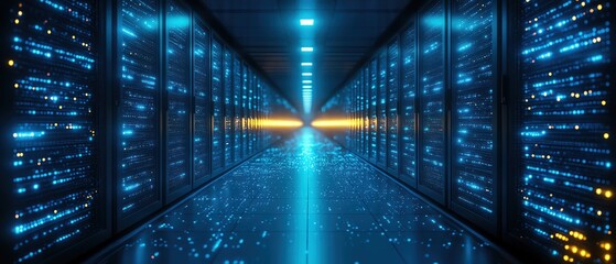 A futuristic data center hallway glowing with blue light, data flowing through digital servers