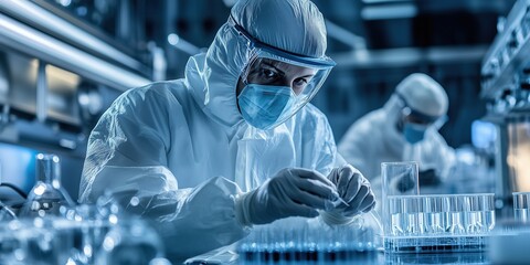 Healthcare medical scientist laboratory scene of a researcher in PPE working with test tubes, ideal for medical research and lab safety visuals, healthcare medical scientist laboratory commercial