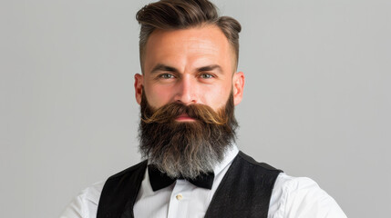 Fototapeta premium A captivating portrait of a rugged man with a beard and stylish hair, dressed elegantly, set against a stone backdrop.