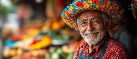 Fototapeta premium Elderly man in a colorful sombrero, standing by vibrant food stalls, cultural market scene