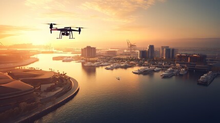 Drone flying over waterfront developments at sunrise hypermaximalist advertising photography hyper realistic fine detail