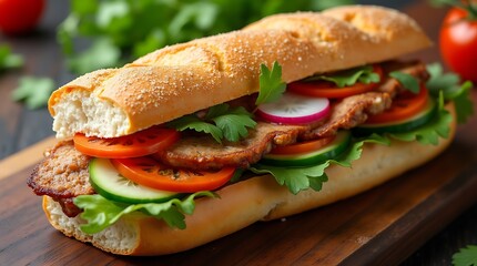 Vietnamese B&aacute;nh M&igrave; with Pickled Vegetables and Fresh Cilantro in a Classic Style