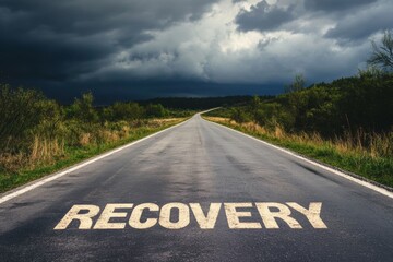 Naklejka premium An empty road marked with the word recovery stretches into the horizon under an overcast sky