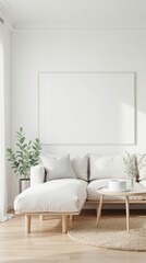 Fototapeta premium Cozy Living Room With Neutral Decor and Comfortable Sofa Creating an Inviting Atmosphere. Generative AI
