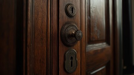 Obraz premium Elegant Brown Door with Vintage Knob and Lock