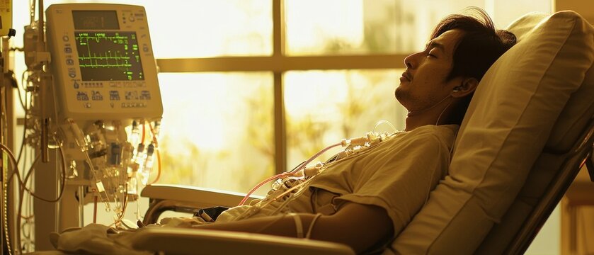 Patient resting in a hospital bed with medical equipment surrounding.