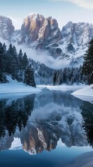 Snowy mountain peaks reflected in a serene, glassy lake surrounded by evergreen trees in a peaceful winter wonderland