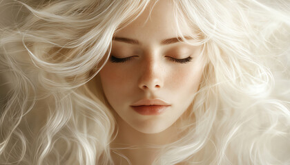 Woman with flowing blonde hair, soft natural light, elegant indoor setting, serene expression