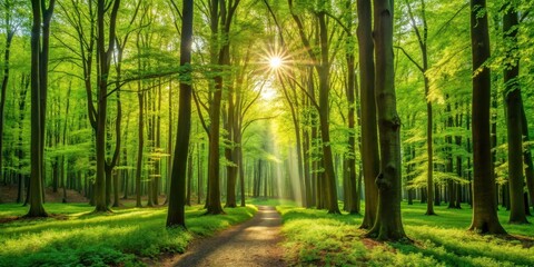 Obraz premium Sunlight beams through the canopy of a dense deciduous forest, illuminating a pathway leading into the heart of the woods.