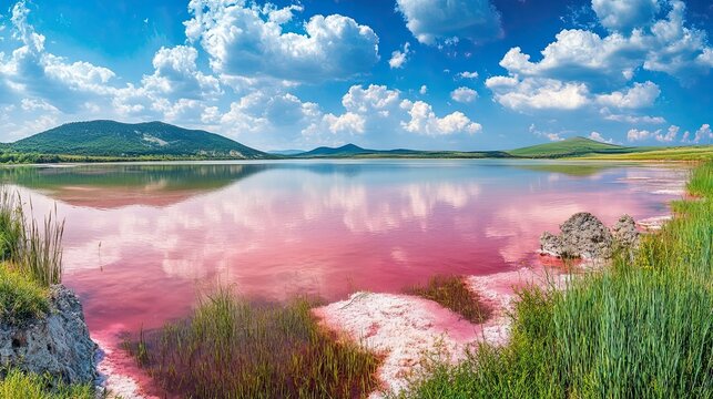 The pink lake is a beautiful landscape  unusual nature. A unique rare natural phenomenon