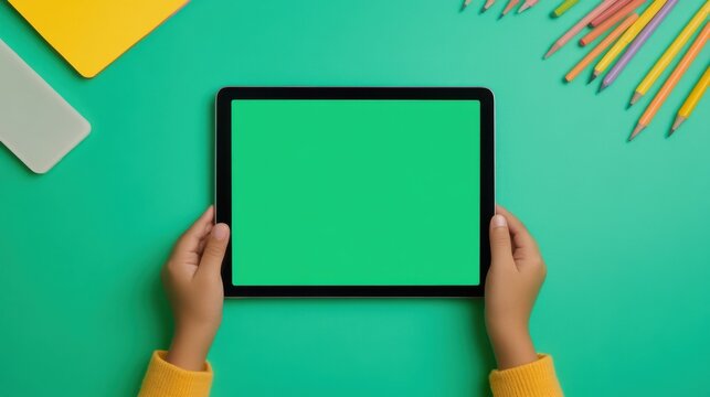 Child Using iPad with Green Screen on Table