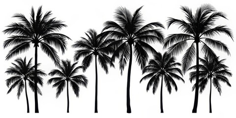 A silhouette of eight palm trees with intricate details of the fronds and trunks against a white background.