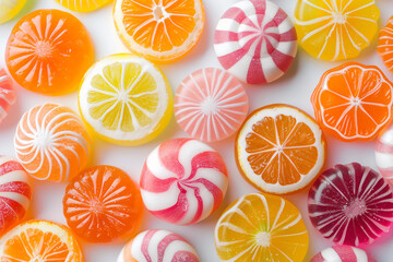 Top view of  colorful gummy chewing candies on white background.