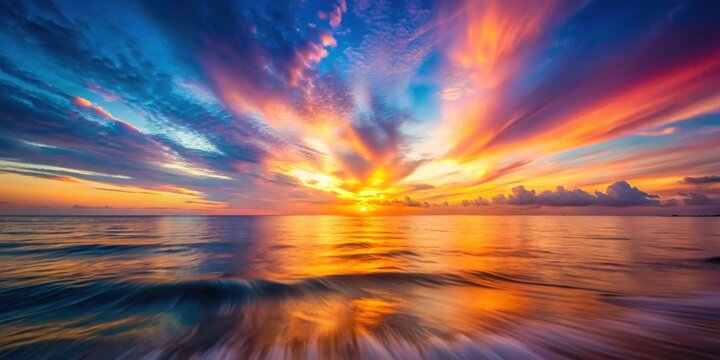 A vibrant sunset paints the sky with hues of orange, pink, and purple, casting a warm glow on the gently rolling waves of the ocean.