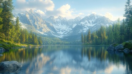 Serene mountain landscape reflecting in a tranquil lake.