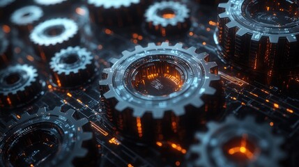 A close-up view of interconnected gears with glowing elements.