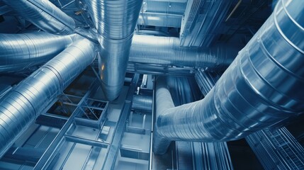 Naklejka premium A View from Below of a Network of Large Metal Air Ducts