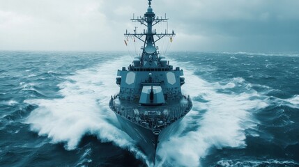 USS Destroyer Cutting Through Rough Waters