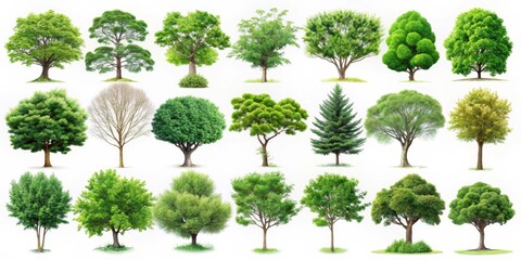 A collection of diverse tree illustrations isolated on a white background showcasing a variety of shapes, sizes, and leaf textures.