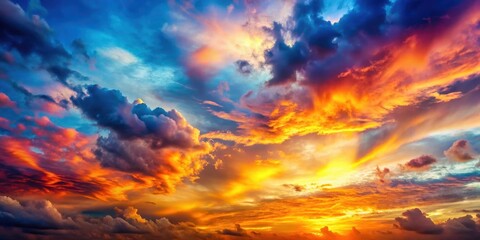 Obraz premium A fiery sunset paints the sky with vibrant hues of orange, yellow, and red, creating a dramatic spectacle of clouds illuminated by the departing sun.