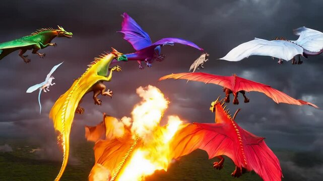 Colorful dragons fly through stormy sky above mountains, exuding power and magic in an epic scene of adventure and danger