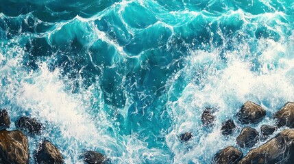 Fototapeta premium Aerial View of Waves Crashing Onto Rocky Shoreline With Vibrant Turquoise Water and Sea Foam. Generative AI