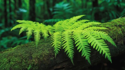 Vibrant Green Ferns and Moss in Nature Background