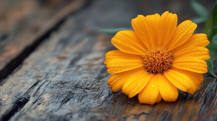 A vibrant yellow flower with water droplets on a wooden surface.