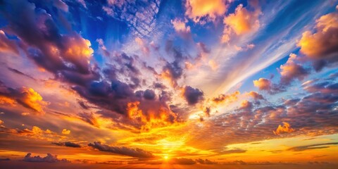 Obraz premium A fiery sunset with clouds illuminated by warm, golden light, painting the sky with hues of orange, pink, and blue, creating a mesmerizing spectacle.