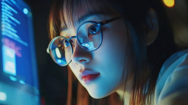 Young Asian Female Freelancer Coding at a Computer Terminal in a Dark Room. Generative AI